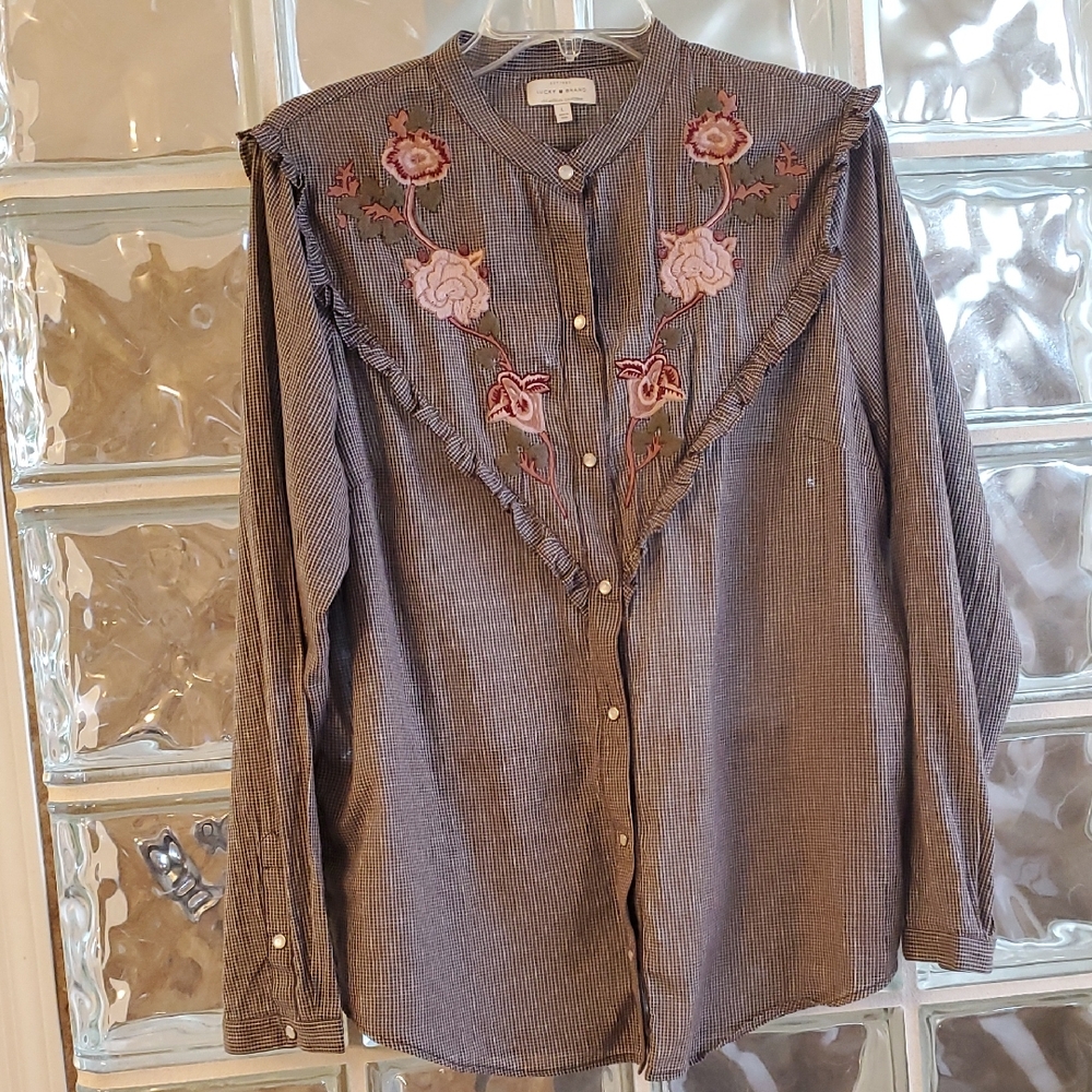 Lucky Brand Black and White Checkered Blouse With Embroiderey